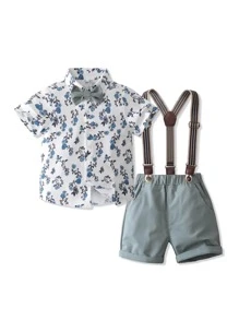 小男童印花前蝴蝶結襯衫和背帶短褲套裝