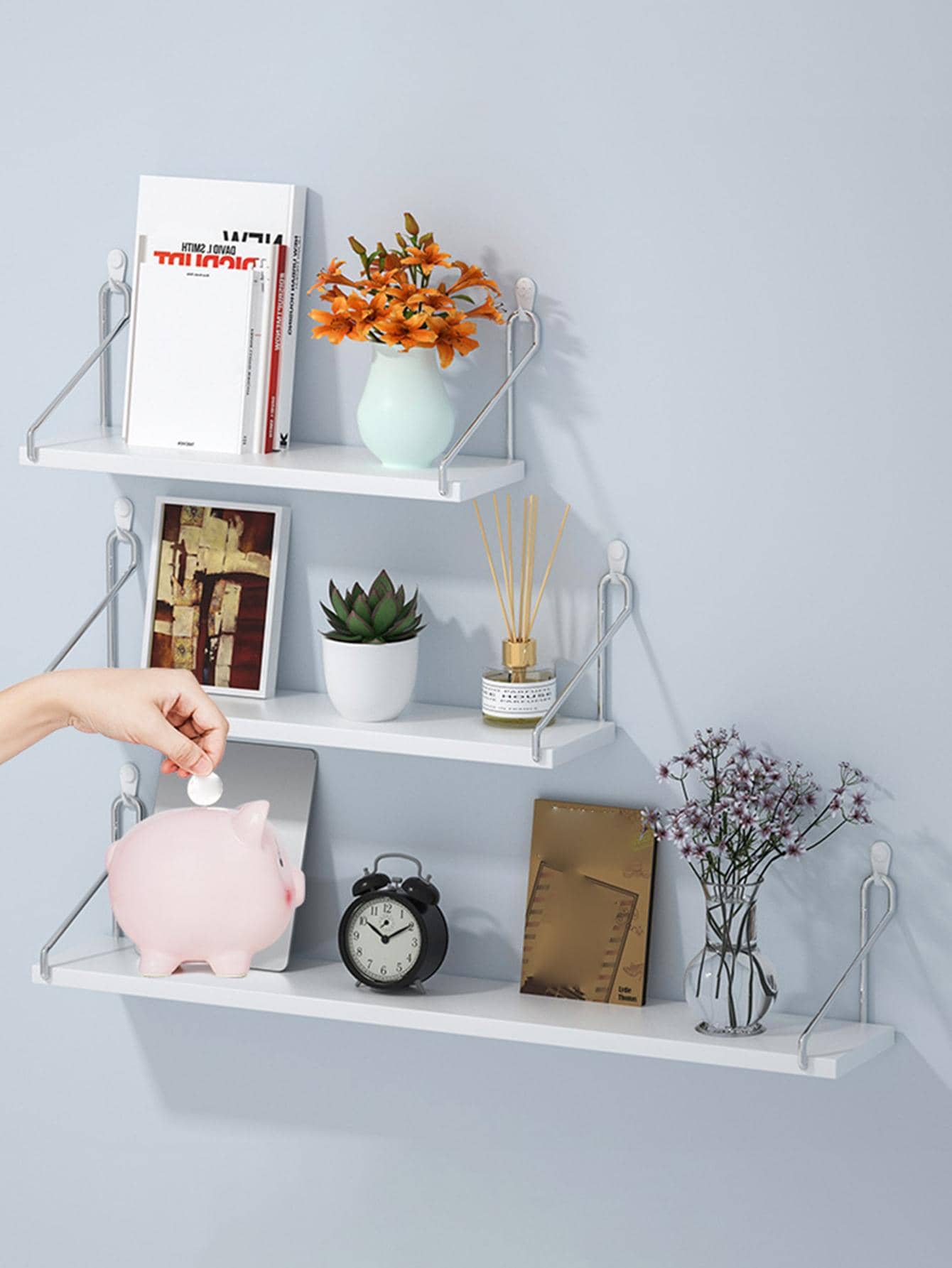 1入組免打孔壁掛式儲物架和4入組牆面掛鉤 - 白色 - 查看 1