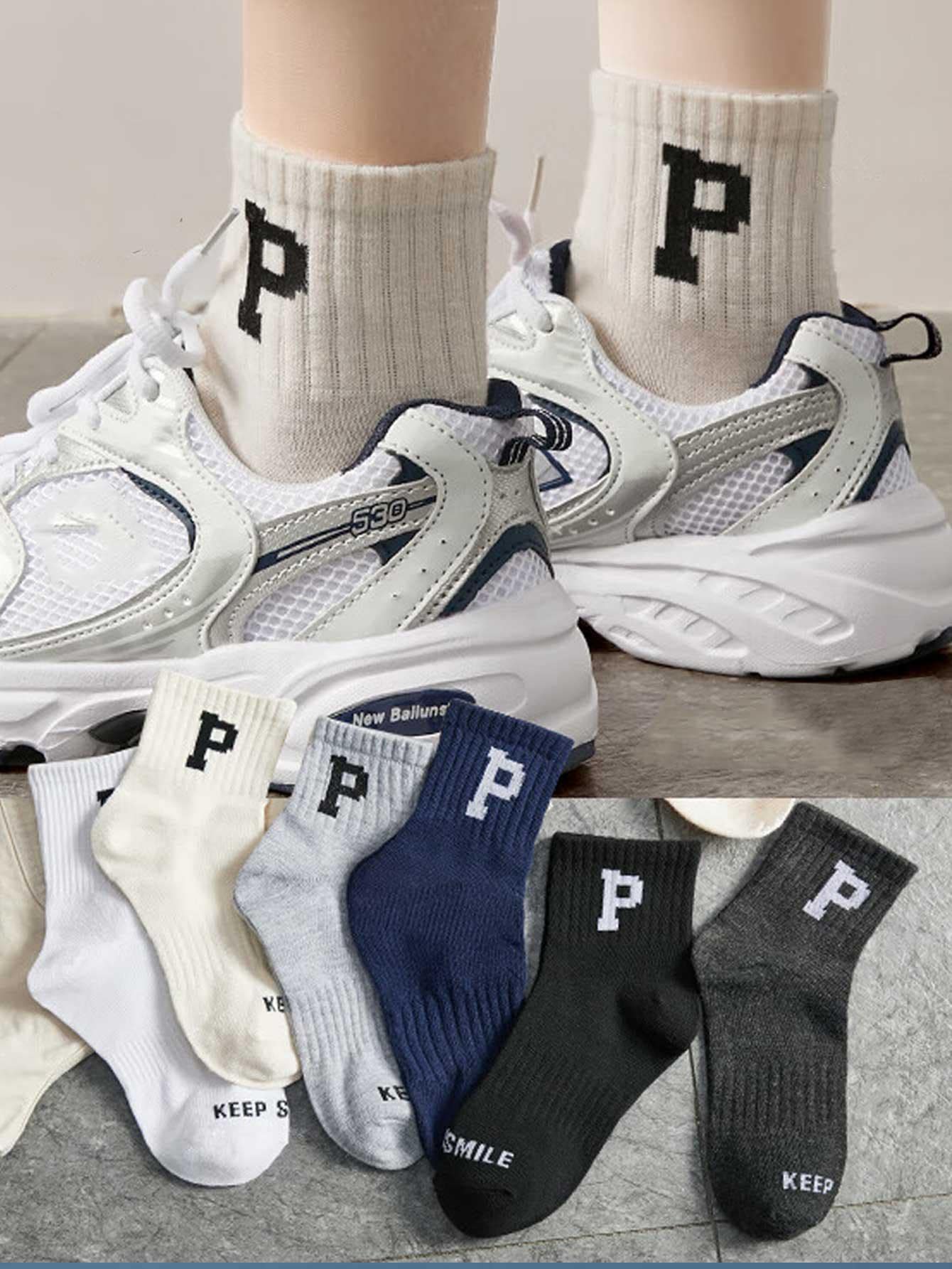 6 双男士 P 字母条纹运动中筒袜，情侣袜套装 - 彩色 - 查看 1