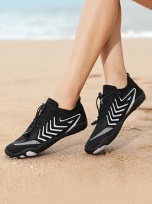 Women Drawstring Front Geometric Pattern Creek Shoes, Sporty Summer Elastane Water Shoes - Black - View 4