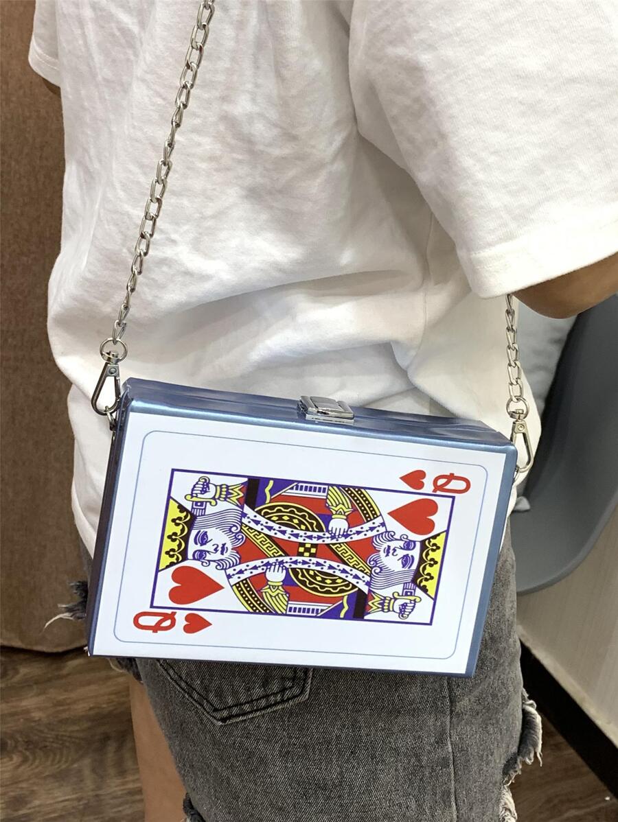 Mini Box Bag Fashion Playing Card Print Chain PU - Blue - View 1