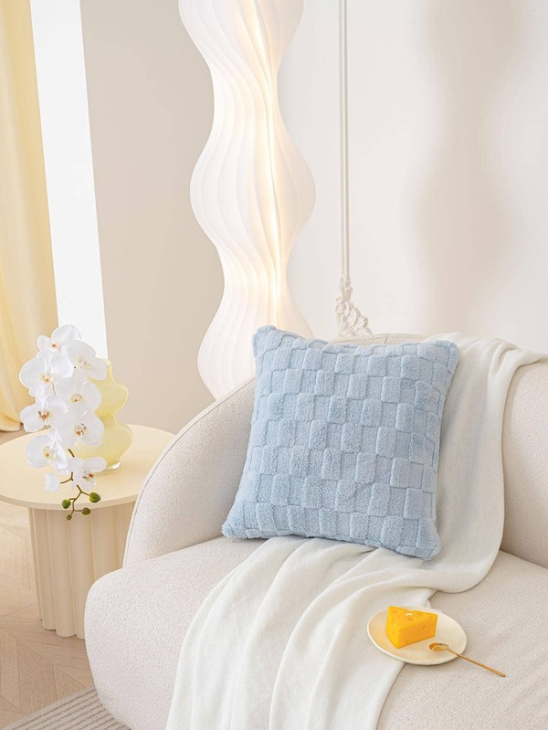 1pc Plaid Tufted Cushion Cover Without Filler, Baby Blue Polyester Throw Pillow Case, For Sofa, Living Room