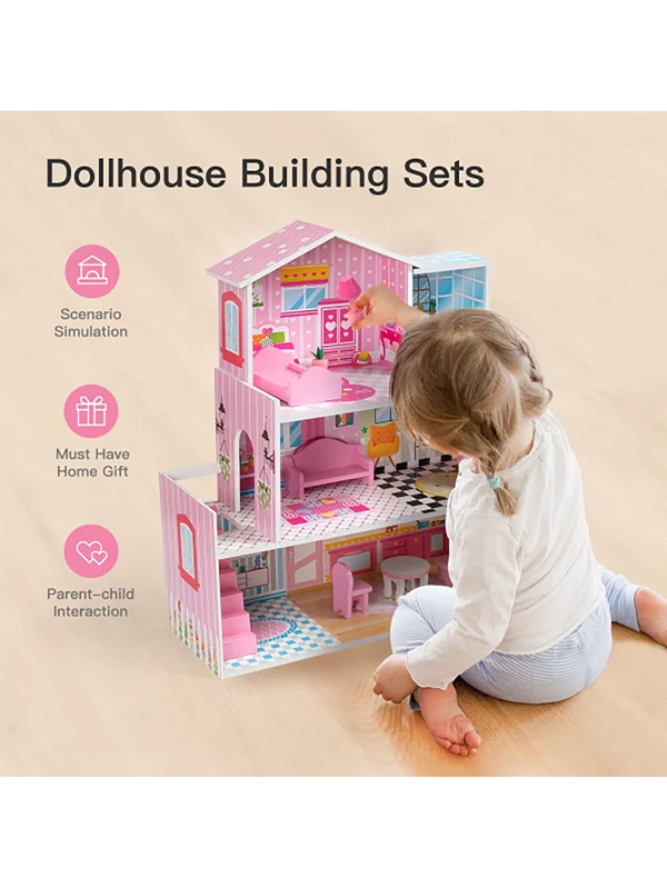 Doll House Playset,Wooden Dollhouse Playset with Furniture Perfect