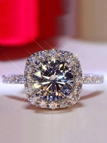1pc Luxury Cubic Zirconia Square Decor Ring For Women For Party - Silver - View 1