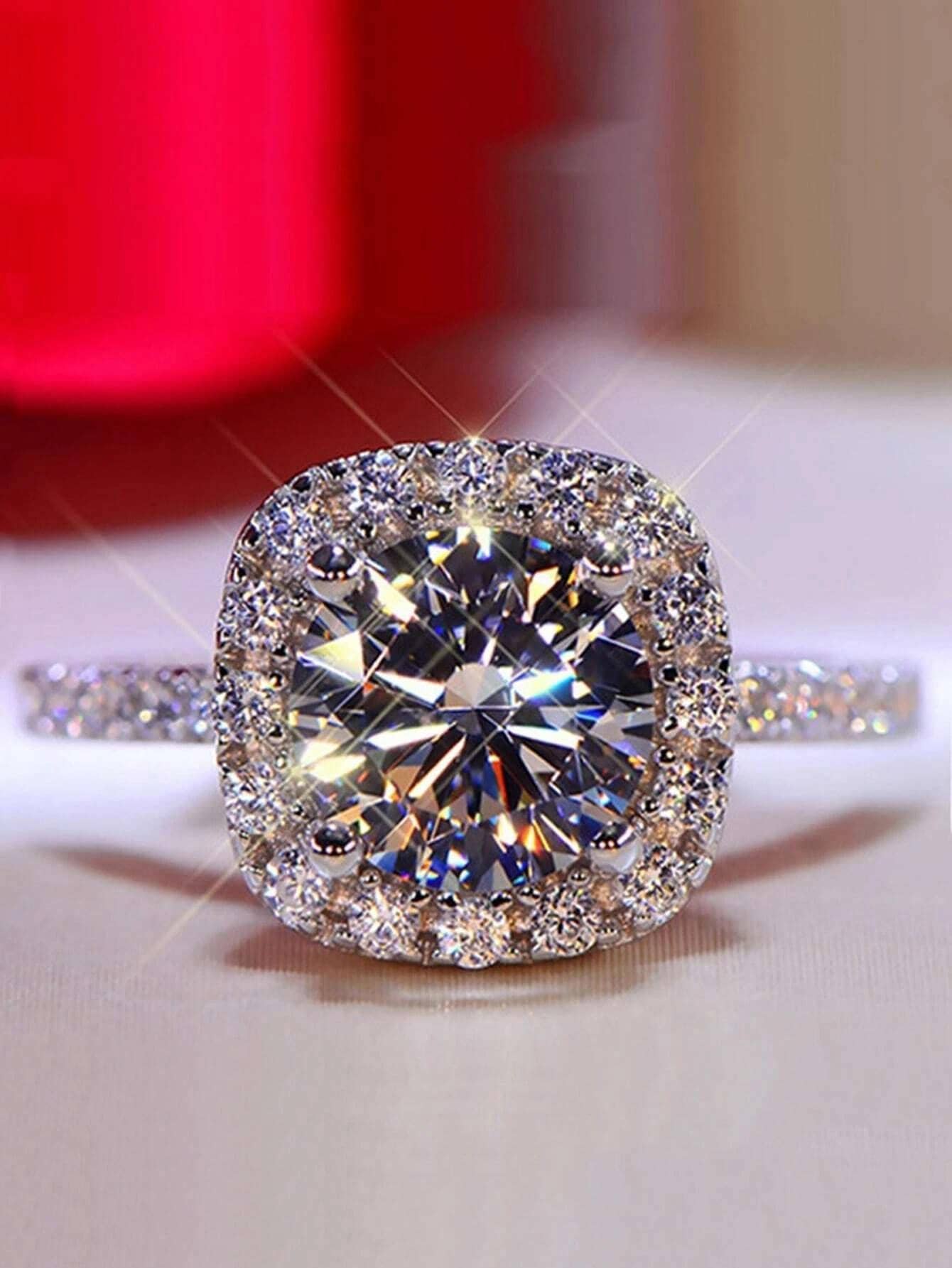 1pc Luxury Cubic Zirconia Square Decor Ring For Women For Party - Silver - View 1