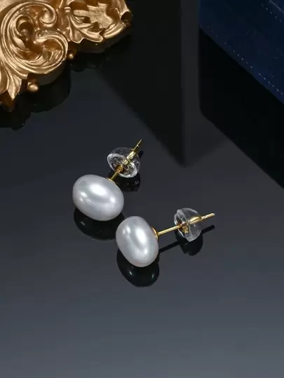 1pair Elegant Faux Pearl Decor Sterling Silver Stud Earrings For Women For Gift Wedding Jewelry Bridal Jewelry Holiday