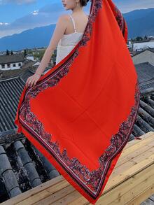 1入組女士樹葉印花波西米亞圍巾適合旅行 - 紅色 - 查看 4