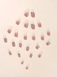 提升你風格帶24入組長款棺材透明蝴蝶結裝飾全覆蓋假指甲成套工具 - 彩色 - 查看 3