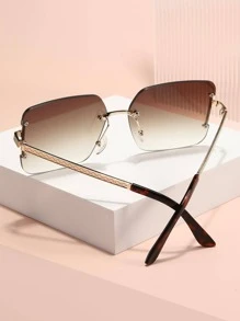 1pair Women Geo Ombre Lens Rimless Boho Sunglasses, For Summer - Brown - View 4