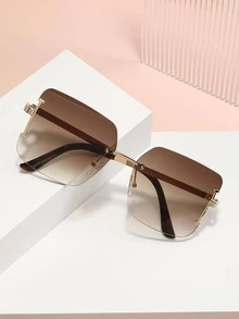 1pair Women Geo Ombre Lens Rimless Boho Sunglasses, For Summer - Brown - View 2