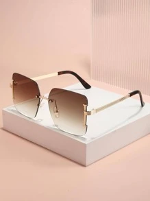 1pair Women Geo Ombre Lens Rimless Boho Sunglasses, For Summer - Brown - View 1