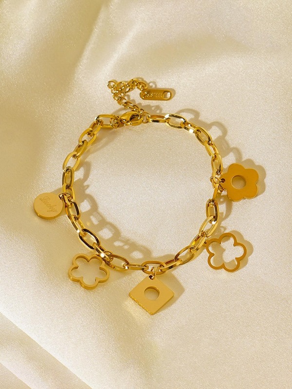 1 Peça Pulseira Charmosa de Aço Inoxidável com Adorno Quadrado e Flor para Mulheres, para Decoração Diária no Dia dos Namorados