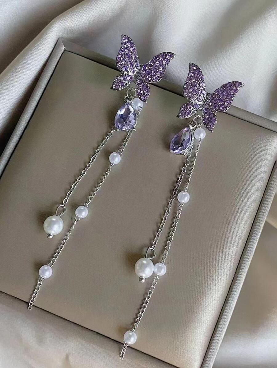 Rhinestone Butterfly & Faux Pearl Decor Bông tai hình giọt nước - Nhiều màu - Xem 1