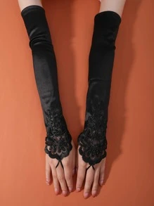 2入組女士花卉刺繡珠子裝飾時尚露指手套適合派對裝飾用品 - 黑色 - 查看 2