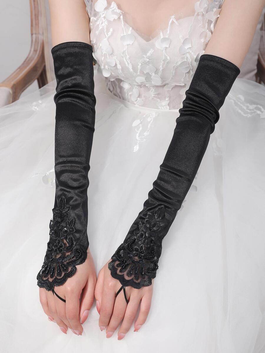 2入組女士花卉刺繡珠子裝飾時尚露指手套適合派對裝飾用品 - 黑色 - 查看 1
