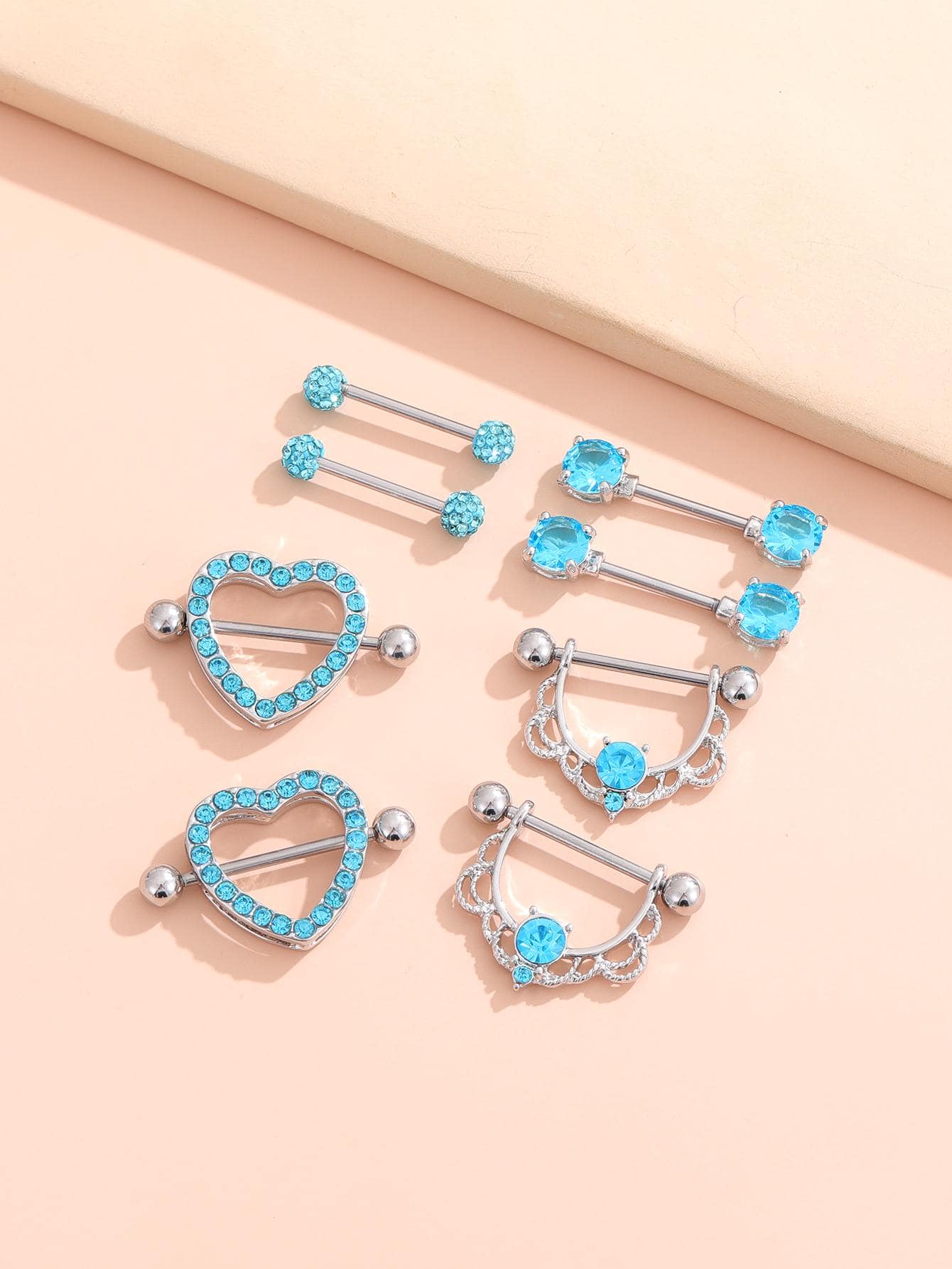8 Cái/bộ Funky Rhinestone Trang Trí Trái Tim Vòng Núm Vú Cho Phụ Nữ Để Trang Trí Hàng Ngày - Nhiều màu - Xem 1