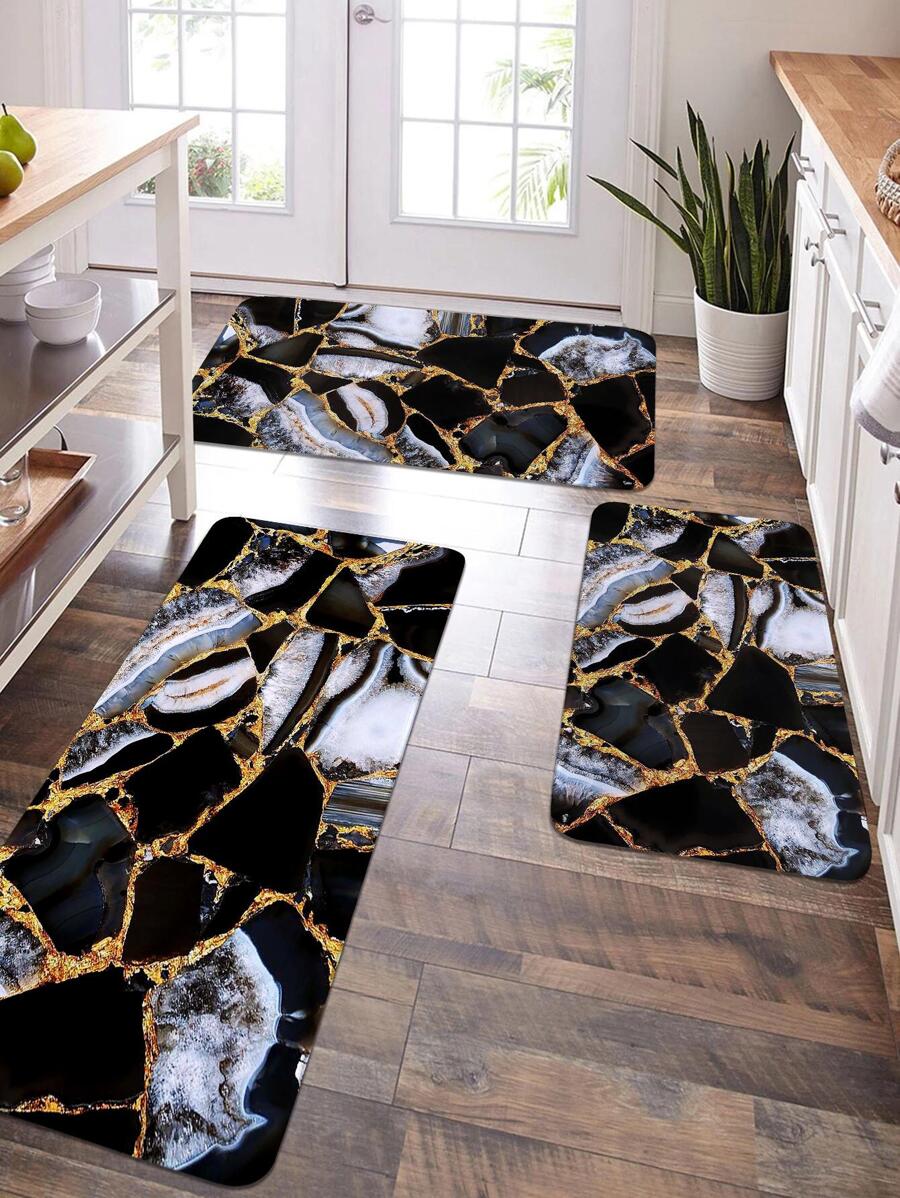 1/2 PC Modern Style Marble Pattern Printed Kitchen Mat, Crystal Velvet Rectangular Soft Anti-Slip Absorbent Floor Mat, Suitable For Kitchen, Dining Room, Living Room Home Use - Multicolor - View 1