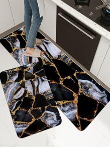 1/2 PC Modern Style Marble Pattern Printed Kitchen Mat, Crystal Velvet Rectangular Soft Anti-Slip Absorbent Floor Mat, Suitable For Kitchen, Dining Room, Living Room Home Use - Multicolor - View 6