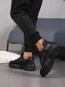 Men Letter Patch Decor Lace-up Front Chunky Sneakers - Black - View 4
