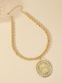 Rhinestone Detail Round Charm Necklace - Yellow Gold - View 3