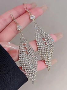 2pcs Fashionable Exaggerated Full Rhinestone & Tassel Dangling Earrings For Women, Perfect For Party & Evening Occasions - Silver - View 1