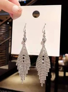 2pcs Fashionable Exaggerated Full Rhinestone & Tassel Dangling Earrings For Women, Perfect For Party & Evening Occasions - Silver - View 3
