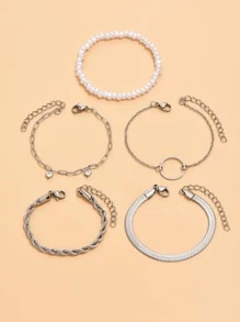 Conjunto De 5 Pulseiras Charmosas De Moda Em Aço Inoxidável Decoradas Com Pérolas Falsas, Zircônia Cúbica Para Decoração Diária De Mulheres