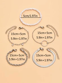 Conjunto De 5 Pulseiras Charmosas De Moda Em Aço Inoxidável Decoradas Com Pérolas Falsas, Zircônia Cúbica Para Decoração Diária De Mulheres