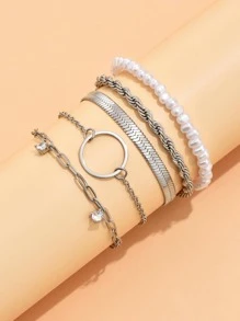 Conjunto De 5 Pulseiras Charmosas De Moda Em Aço Inoxidável Decoradas Com Pérolas Falsas, Zircônia Cúbica Para Decoração Diária De Mulheres