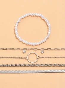 Conjunto De 5 Pulseiras Charmosas De Moda Em Aço Inoxidável Decoradas Com Pérolas Falsas, Zircônia Cúbica Para Decoração Diária De Mulheres