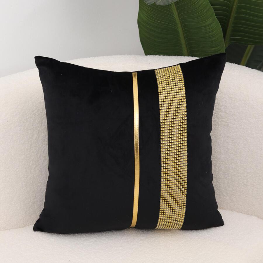 1pc Rhinestone Striped Cushion Cover Without Filler, Black Polyester Throw Pillow Cover, For Sofa, Living Room - Black - View 1