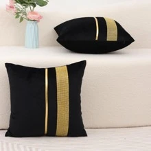 1pc Rhinestone Striped Cushion Cover Without Filler, Black Polyester Throw Pillow Cover, For Sofa, Living Room - Black - View 7