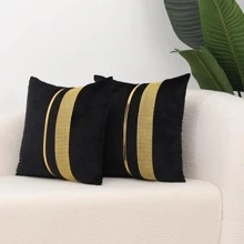 1pc Rhinestone Striped Cushion Cover Without Filler, Black Polyester Throw Pillow Cover, For Sofa, Living Room - Black - View 4