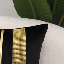 1pc Rhinestone Striped Cushion Cover Without Filler, Black Polyester Throw Pillow Cover, For Sofa, Living Room - Black - View 6