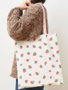 草莓圖案購物袋粉色的大容量時尚 - 粉色 - 查看 2