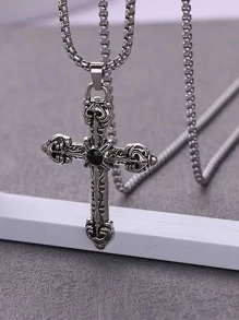 1入組復古交叉頭骨設計吊墜項鍊適合男士日常裝飾,適用於首飾類禮品和派對 - 復古銀色 - 查看 1