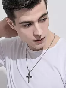 1入組復古交叉頭骨設計吊墜項鍊適合男士日常裝飾,適用於首飾類禮品和派對 - 復古銀色 - 查看 2