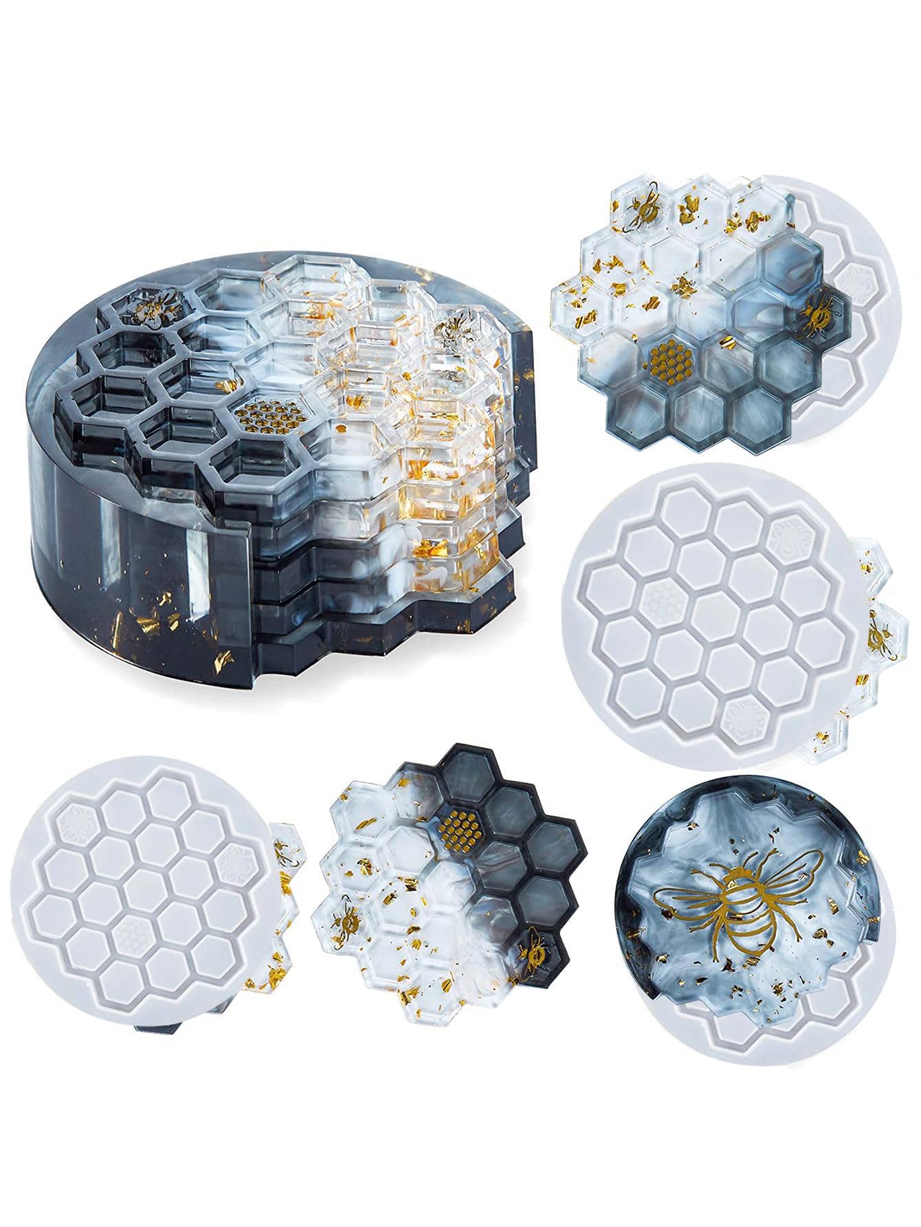 4 pièces Ensemble de moules en résine pour dessous de verre en nid d'abeille, moule en silicone pour dessous de verre en résine époxy avec boîte de rangement, moule de coulée de résine pour dessous de verre en nid d'abeille, moule en résine époxy pour artisanat DIY, dessous de verre, décoration d'intérieur - Blanc - Voir 1