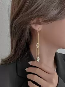 1 Cặp bông tai tua rua hình lá rỗng thời trang dành cho nữ, móc bông tai dài thanh lịch cá nhân hóa, thích hợp cho tiệc tùng - Vàng - Xem 2