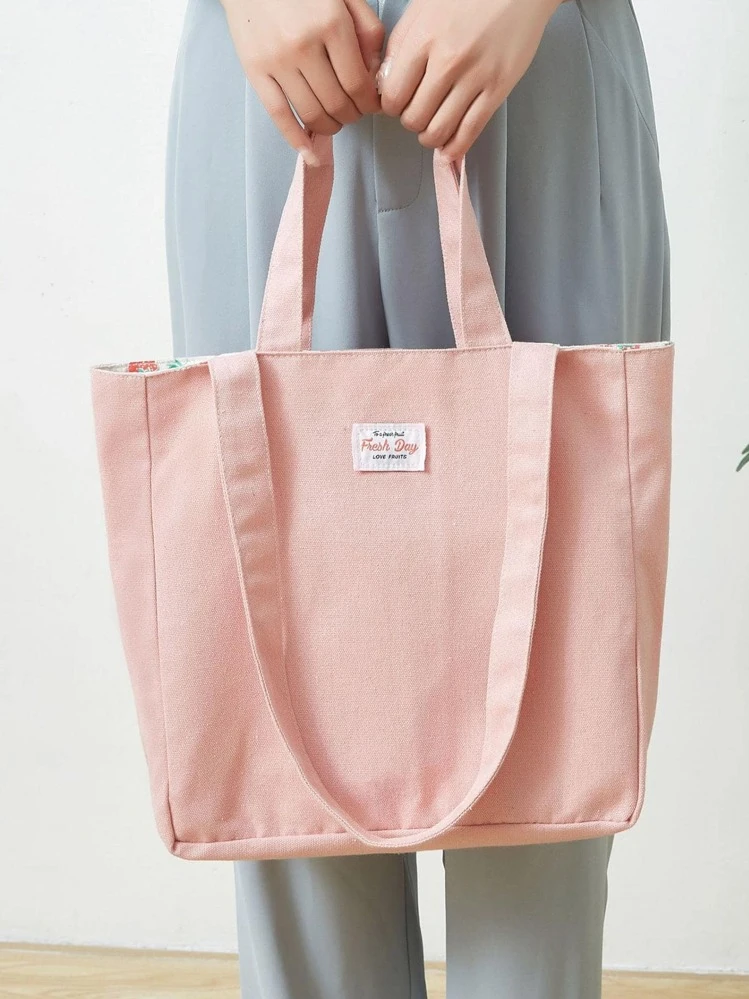 Bolsa de compras con estampado de fresa con diseño de parche de letra poliéster - Rosa - Añade 5