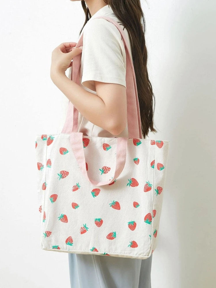 Bolsa de compras con estampado de fresa con diseño de parche de letra poliéster - Rosa - Añade 2