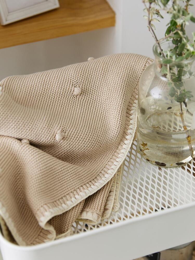 1pc Contrast Trim Blanket, Beige Knitted Fabric Sleeping Blanket For Home - Beige - View 5