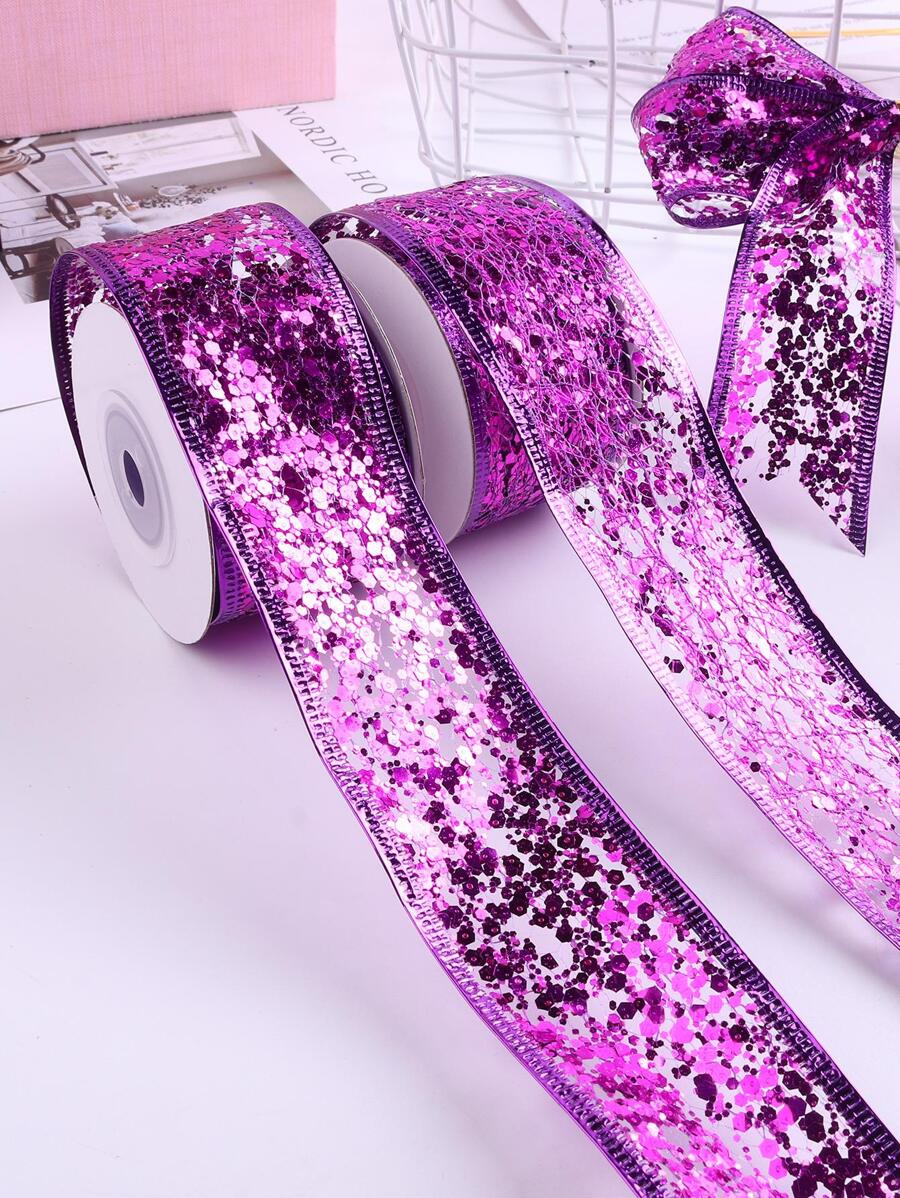 1roll Sequin Decor Gift Wrapping Ribbon, Purple Polyester Garment Decoration Webbing, For DIY