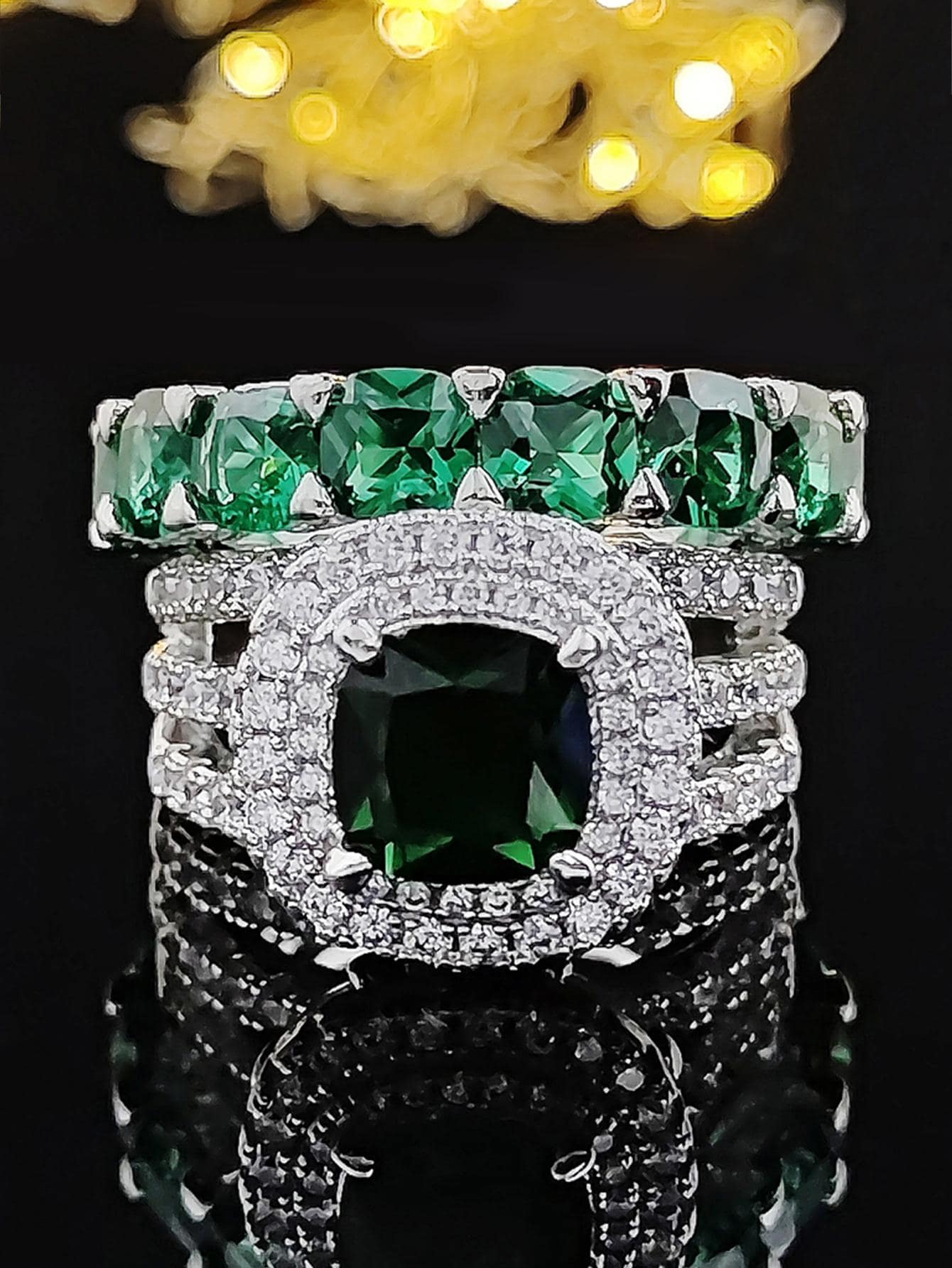 2pcs/set Glamorous Cubic Zirconia Decor Ring For Women For Party - Green - View 1