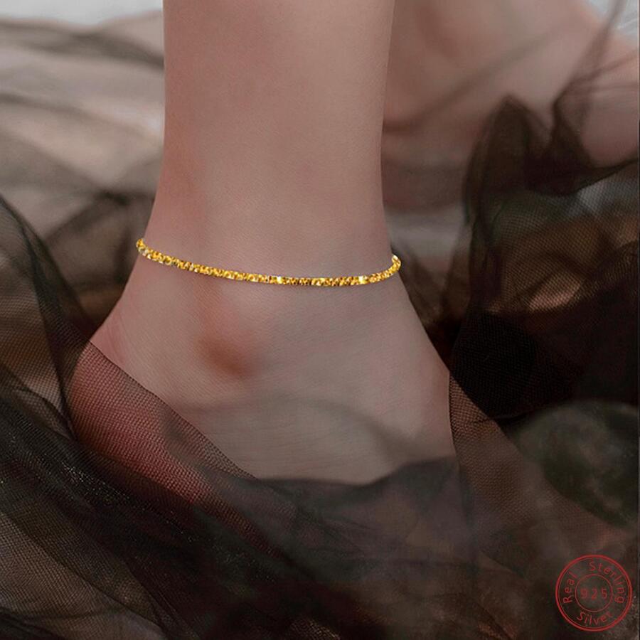 1入組時尚極簡風格純銀腳錬適合女士適用於禮品 - 金黃色 - 查看 1
