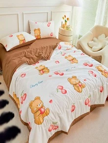 1pc Cartoon Bear & Cherry Print Quilt, Cute Fabric Soft Bedspread For Summer - Multicolor - View 3