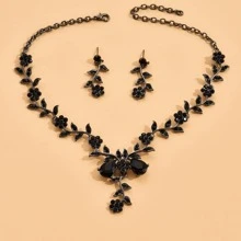 Set joya exquisito con diamante de imitación con diseño de flor para mujeres para fiesta - Negro - Ver 2