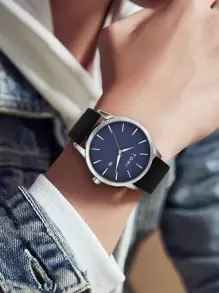 Đồng hồ thạch anh mặt tròn chống nước TOMI 1 dây đeo bằng PU màu đen thông thường, dành cho cuộc sống hàng ngày như một món quà dành cho học sinh đi học trở lại - màu đen - Xem 2