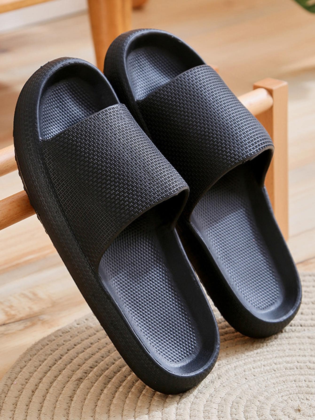 Men Minimalist Single Band Slides, EVA Fashion Slides - Black - View 1