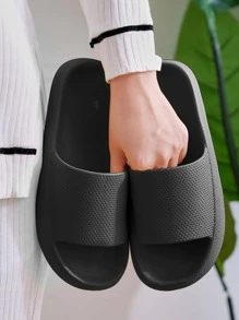 Men Minimalist Single Band Slides, EVA Fashion Slides - Black - View 2